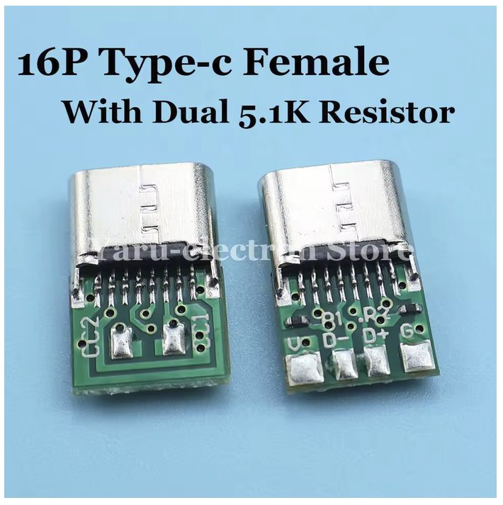 a small pcb with a type-c female on one end and +, ground, data +, and data - terminals on the other end. Text above reads "16p type-c female with dual 5.1k resistor"