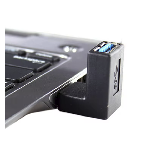 A usb-a male to usb-a female adapter. The female connector is at a right angle relative to the male connector