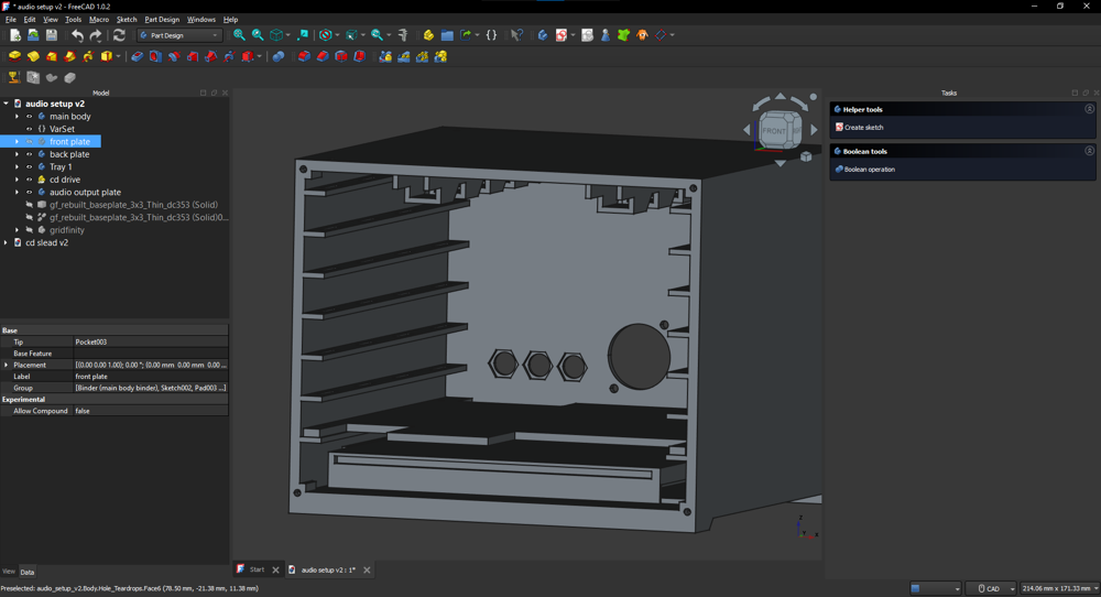 A screenshot of a 3d model in FreeCAD. The front cover is removed and you can see to the inside.