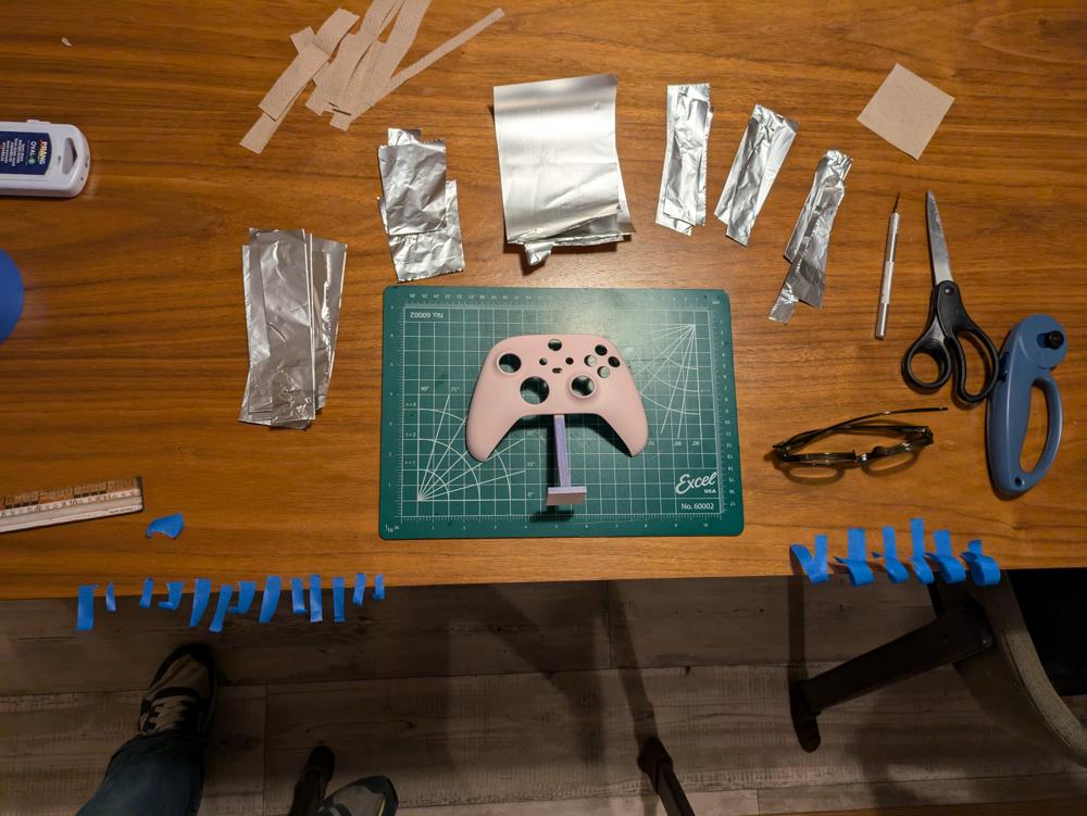 My station prepared, with precut masking tape and sheets of tinfoil