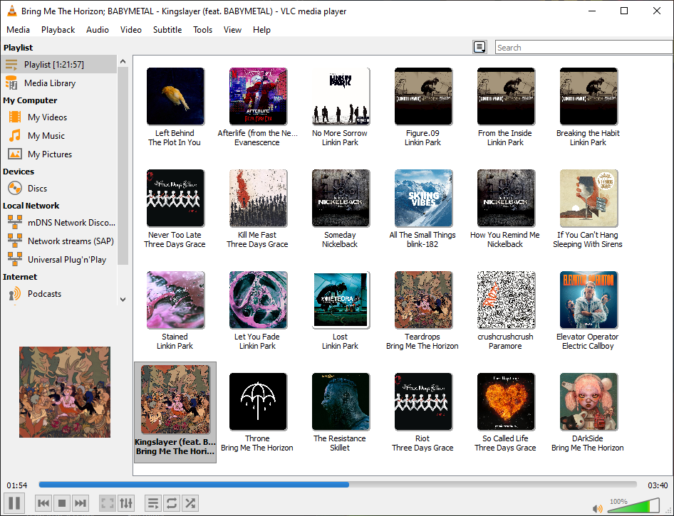A screenshot of VLC showing a list of songs. In order, the list is as follows: Left Behind - The Plot In You, Afterlife - Evanescence, No More Sorrow - Linkin Park, Figure.09 - Linkin Park, From the Inside - Linkin Park, Breaking the Habit - Linkin Park, Never Too Late - Three Days Grace, Kill Me Fast - Three Days Grace, Someday - Nickelback, All The Small Things - blink-182, How You Remind Me - Nickelback, If You Can't Hang - Sleeping With Sirens, Stained - Linkin Park, Let You Fade - Linkin Park, Lost - Linkin Park, Teardrops - Bring Me The Horizon, crushcrushcrush - Paramore, Elevator Operator - Electric Callboy, Kingslayer - Bring Me The Horizon, Throne - Bring Me The Horizon, The Resistance - Skillet, Riot - Three Days Grace, So Called Life - Three Days Grace, DArkSide - Bring Me The Horizon... Oh boy I don't think I'll never come close to writing an alt text this long ever again