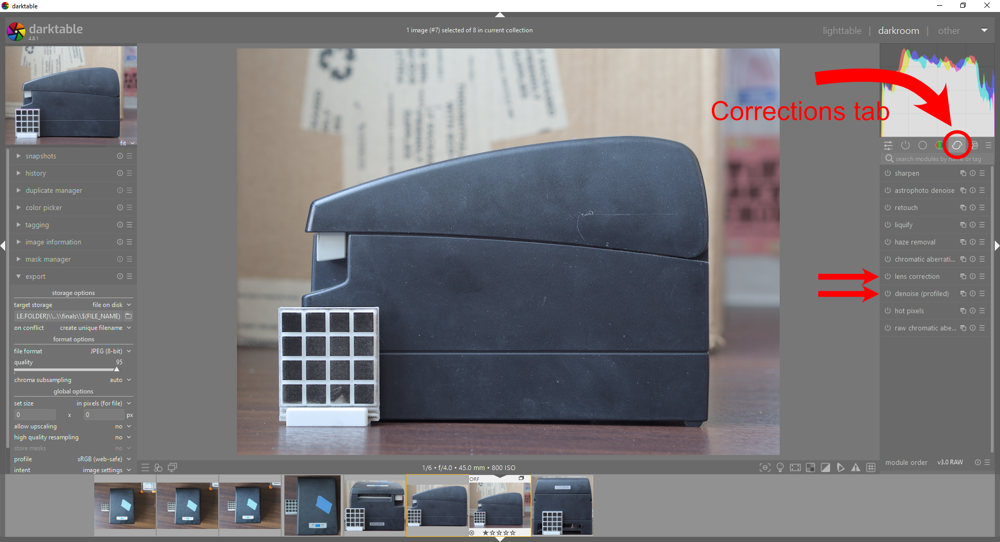 darkroom view, with corrections tab pointed out.