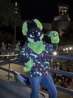 A furry in a green and black partial taking sunglasses off