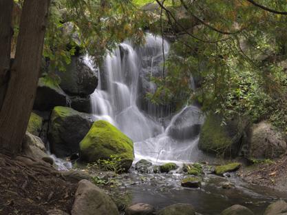A long exposure shot of a small waterfall with green and rocky surroundings